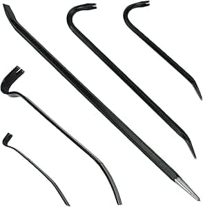 SPARES2GO 5 Piece Crowbar, Long Wrecking Rod & Flat Pry - Demolition Crow Bar Set (60cm 45cm 38cm 30cm 18cm)